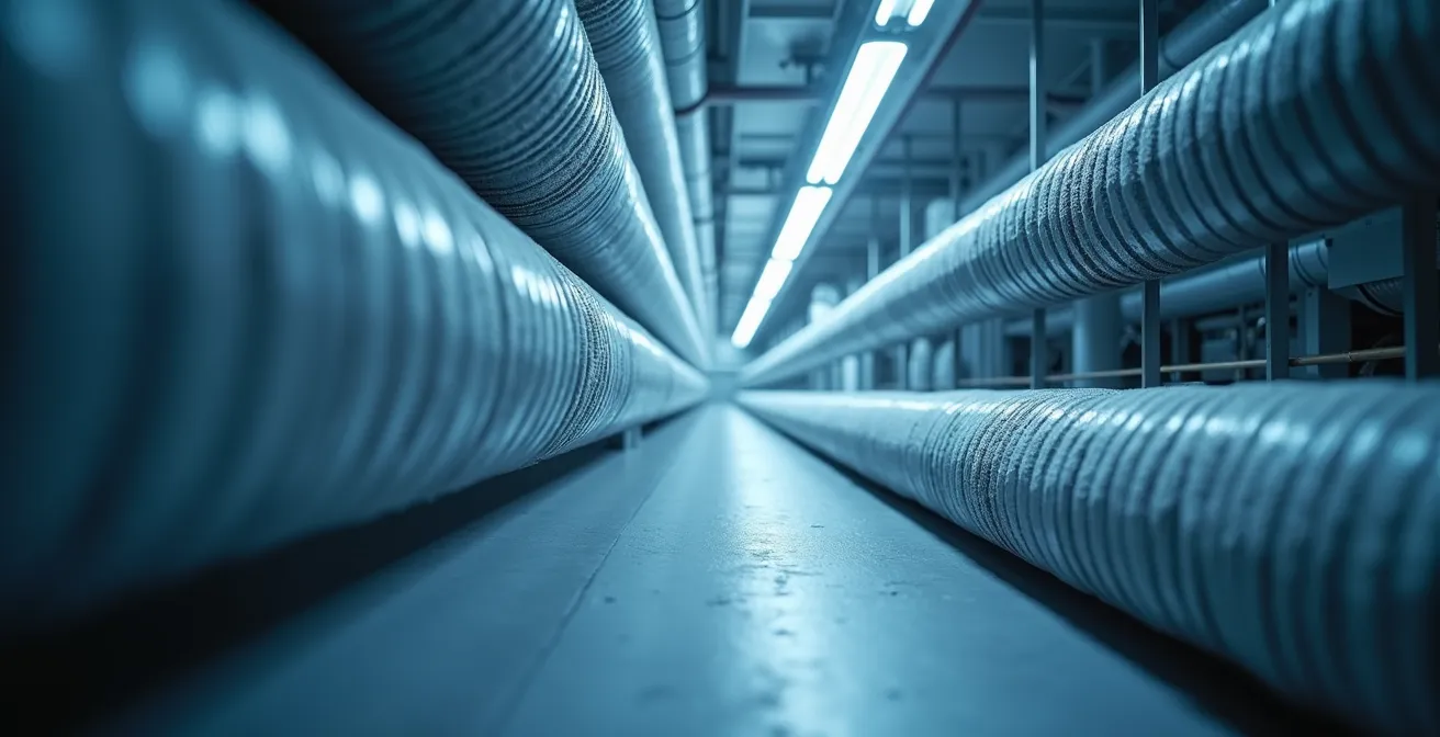 Illustration conceptuelle montrant le flux d’air optimisé dans un bâtiment rénové avec système de ventilation modernes