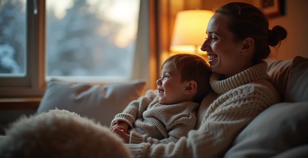 Famille profitant du confort d'une thermopompe en hiver