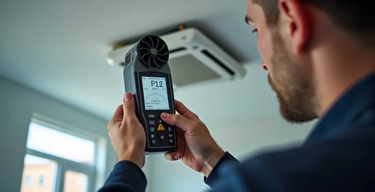 Professionnel mesurant le débit d'air avec un anémomètre