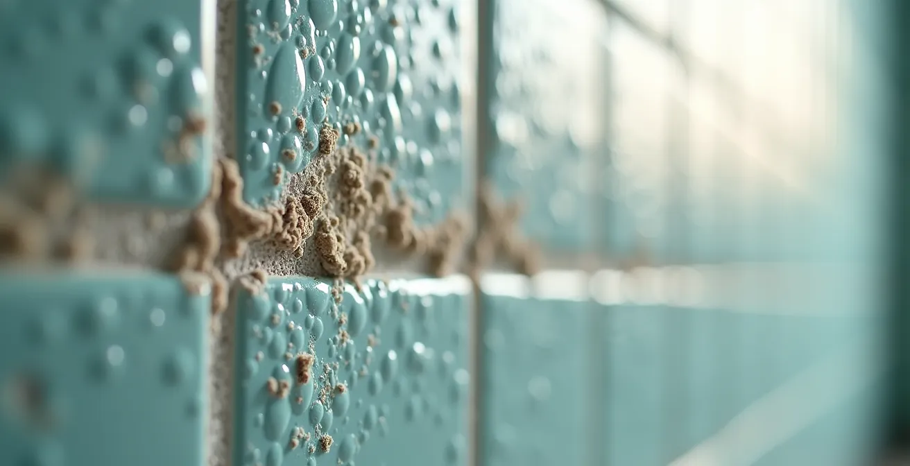 Détail en gros plan de traces d'humidité sur un mur de salle de bain
