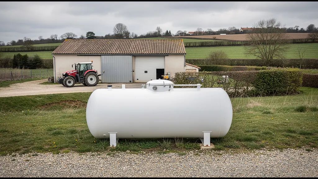 Exploitation agricole avec citerne de gaz propane intégrée au paysage rural