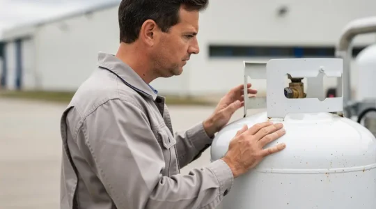 Technicien inspectant une citerne de gaz propane sur un site professionnel