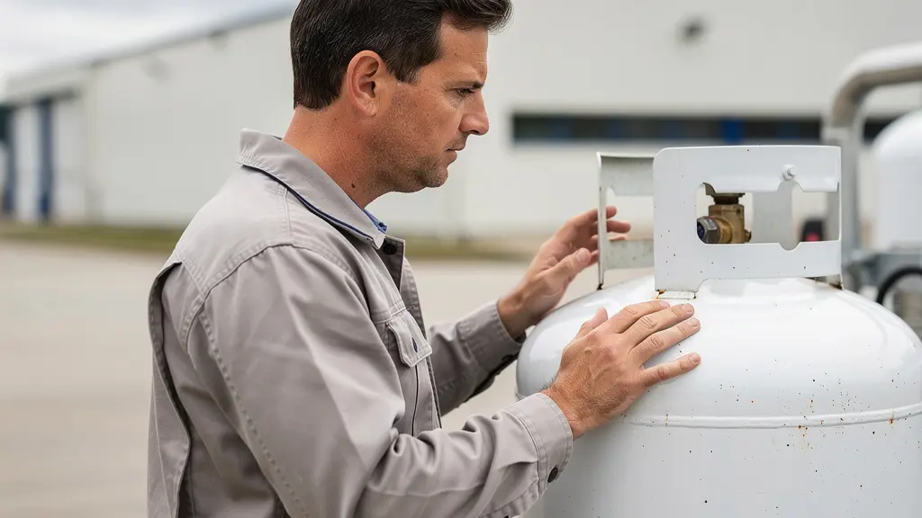Technicien inspectant une citerne de gaz propane sur un site professionnel