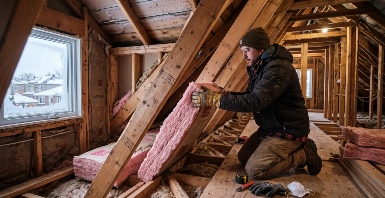 Technicien installant de l'isolant en laine minérale rose entre les solives de bois dans les combles d'une maison résidentielle, contexte hivernal montréalais