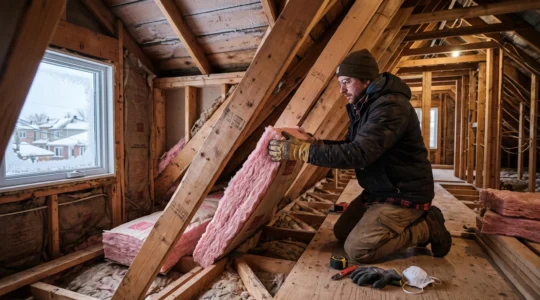 Technicien installant de l'isolant en laine minérale rose entre les solives de bois dans les combles d'une maison résidentielle, contexte hivernal montréalais