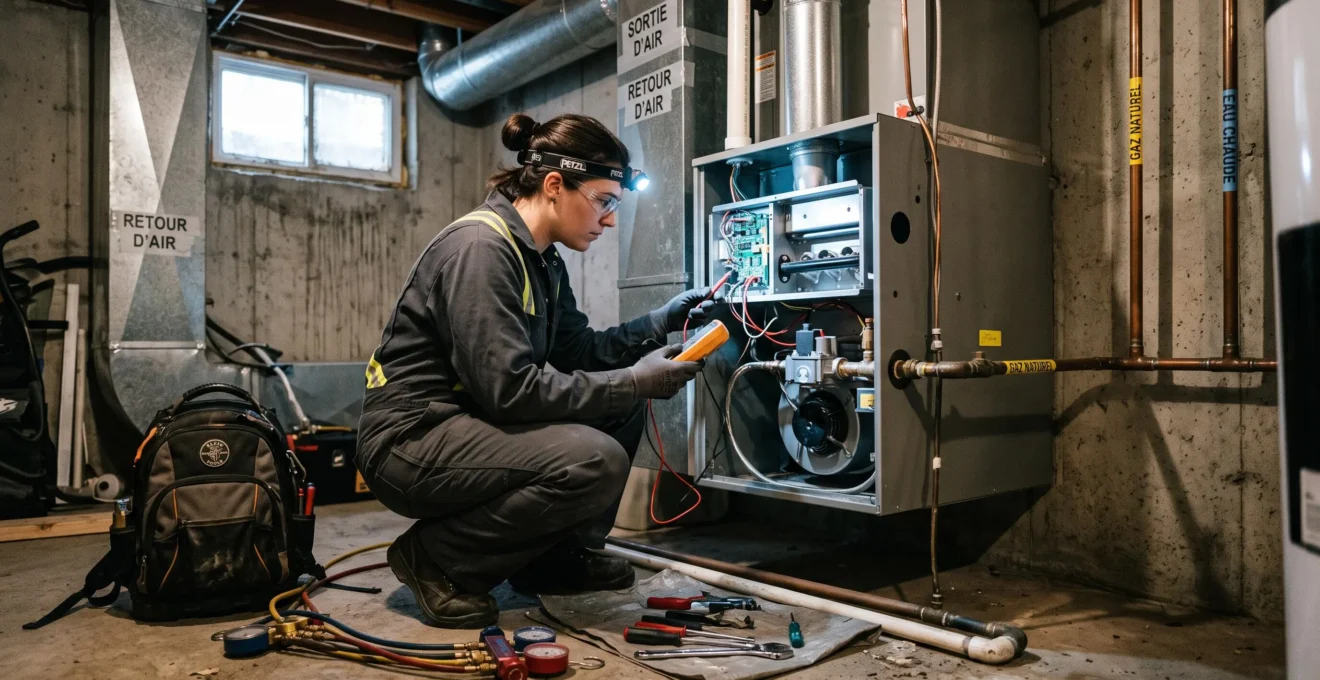 Technicien HVAC inspectant une fournaise au gaz dans le sous-sol d'une maison résidentielle québécoise, intervention de maintenance hivernale