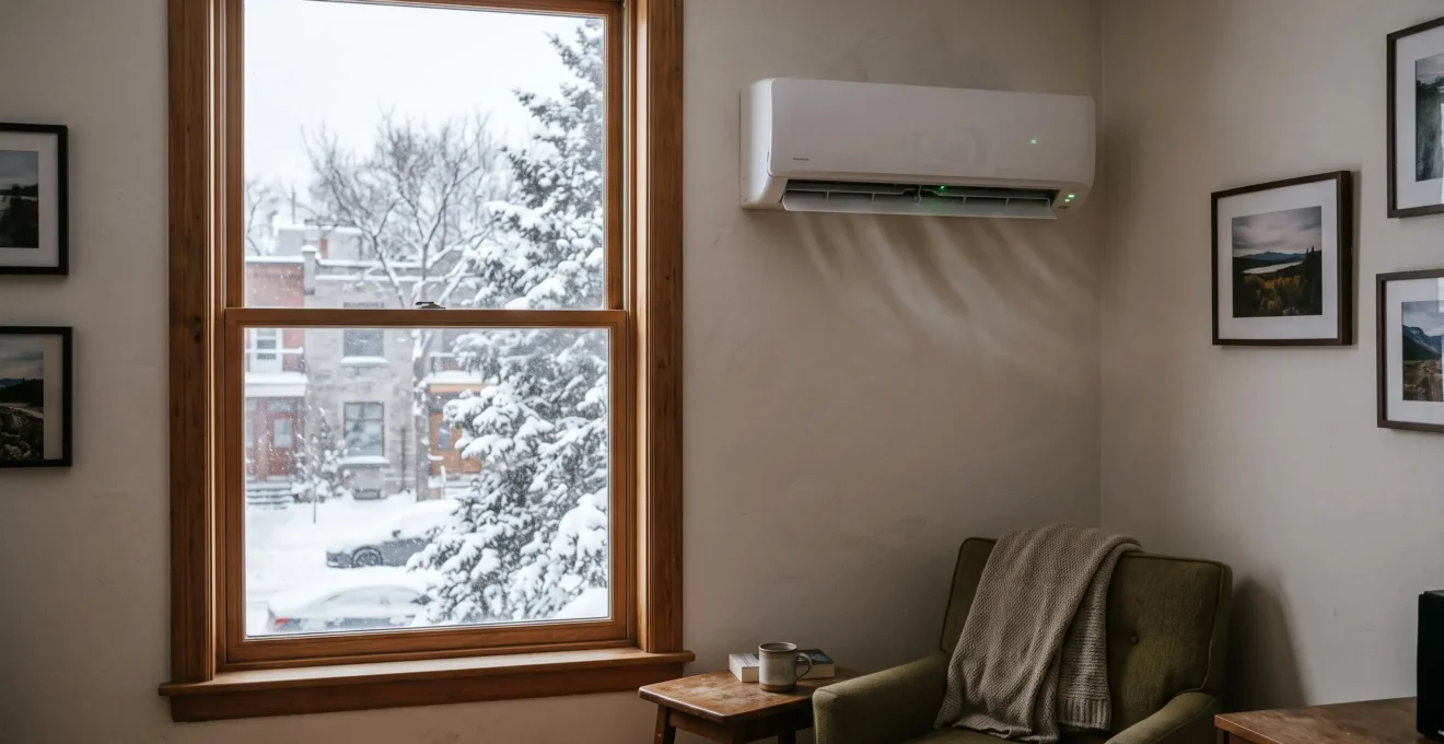 Thermopompe murale en fonctionnement dans un intérieur résidentiel montréalais, fenêtre montrant l'hiver rigoureux à l'extérieur